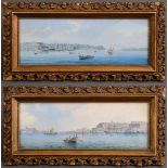 Zwei italienische Souvenirbilder "Südliche Hafenveduten" um 1880, Gouache/Aquarell, Prunkrahmen (kl