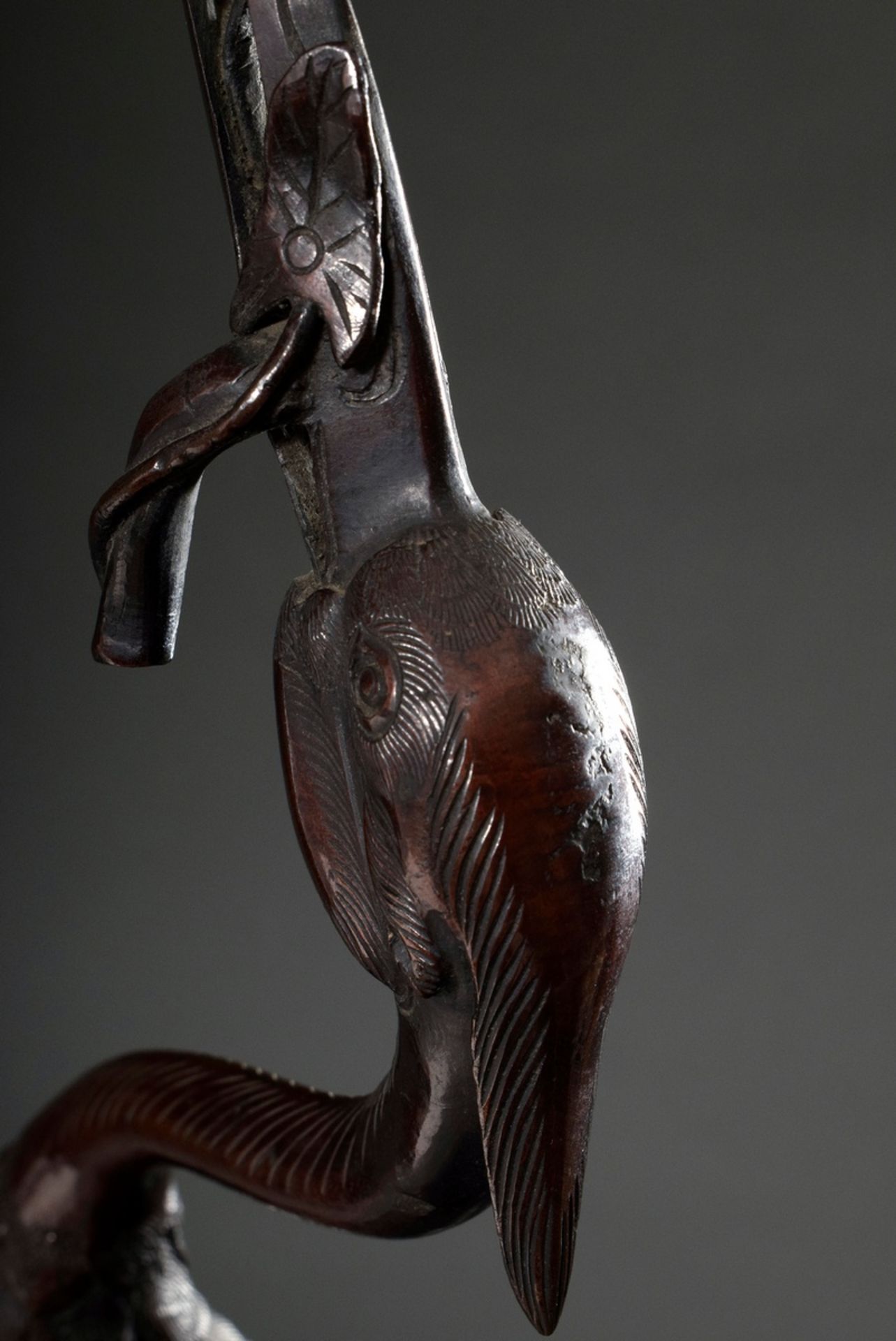 Japanese bronze "Standing Heron" on a matching carved Blackwood stool, Meiji period, h. 147cm, vari - Image 22 of 23