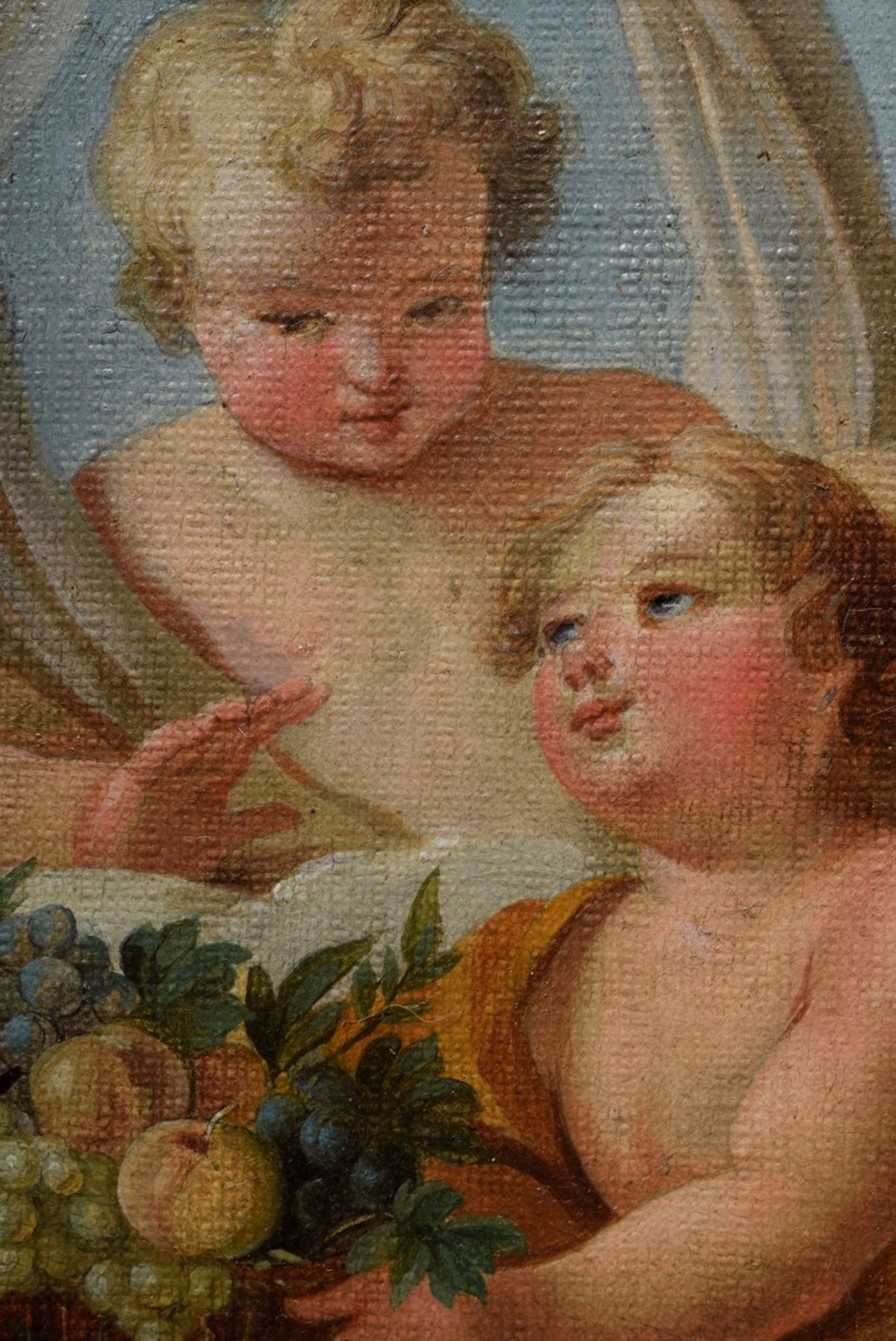 Paar Allegorische Darstellungen „Putti mit Blumen- und Fruchtkorb“, Öl/Leinwand, Italien 2. Hälfte  - Bild 4 aus 9