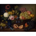 Seitz, Georg (1810-1870) "Obst- und Blumenstillleben mit Kleiber", Öl/Leinwand doubliert, u.l. sign