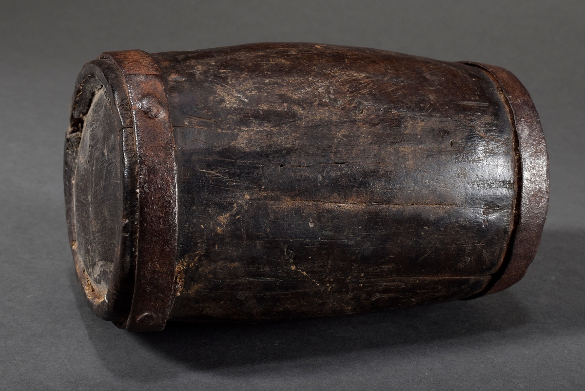 Swiss schnapps barrel probably for St. Bernard avalanche dog, dark stained wood with forged iron fi - Image 7 of 7