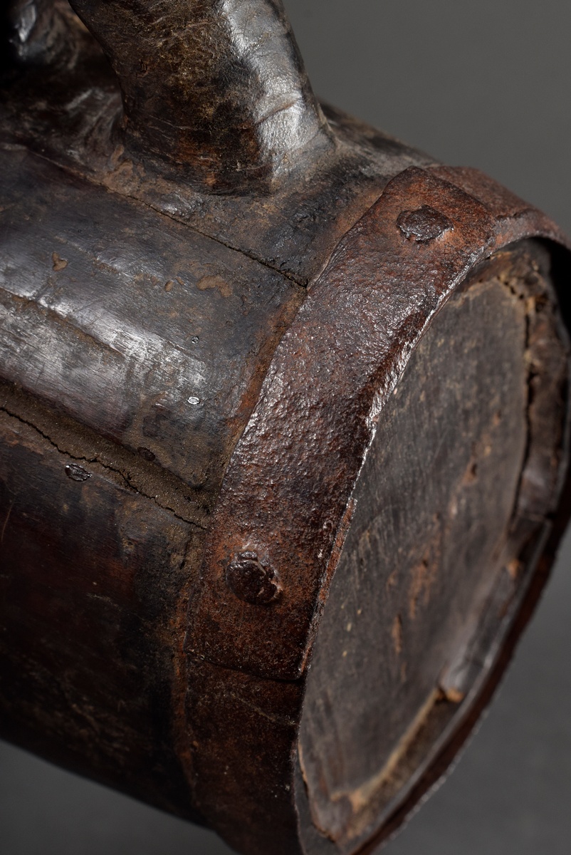 Swiss schnapps barrel probably for St. Bernard avalanche dog, dark stained wood with forged iron fi - Image 5 of 7