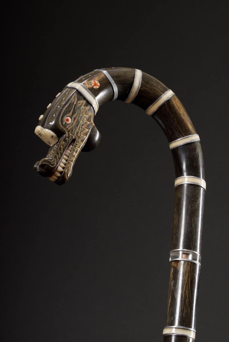 Southeast Asian walking stick with carved "dragon head", horn with bone and aluminium discs, 20th c - Image 2 of 8