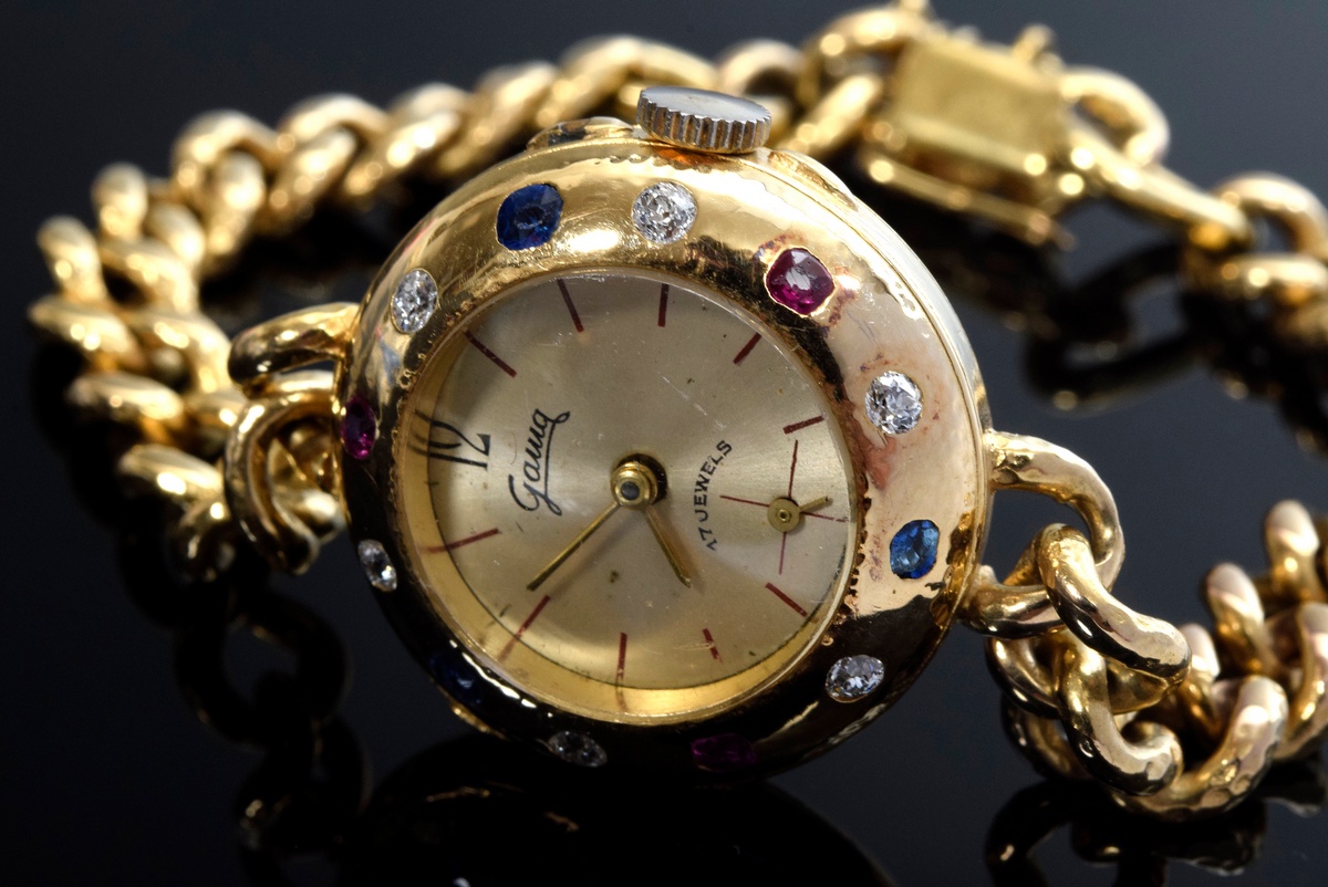 YG 585 ladies' wristwatch with synthetic rubies, sapphires and old-cut diamonds (together approx. 0 - Image 2 of 3