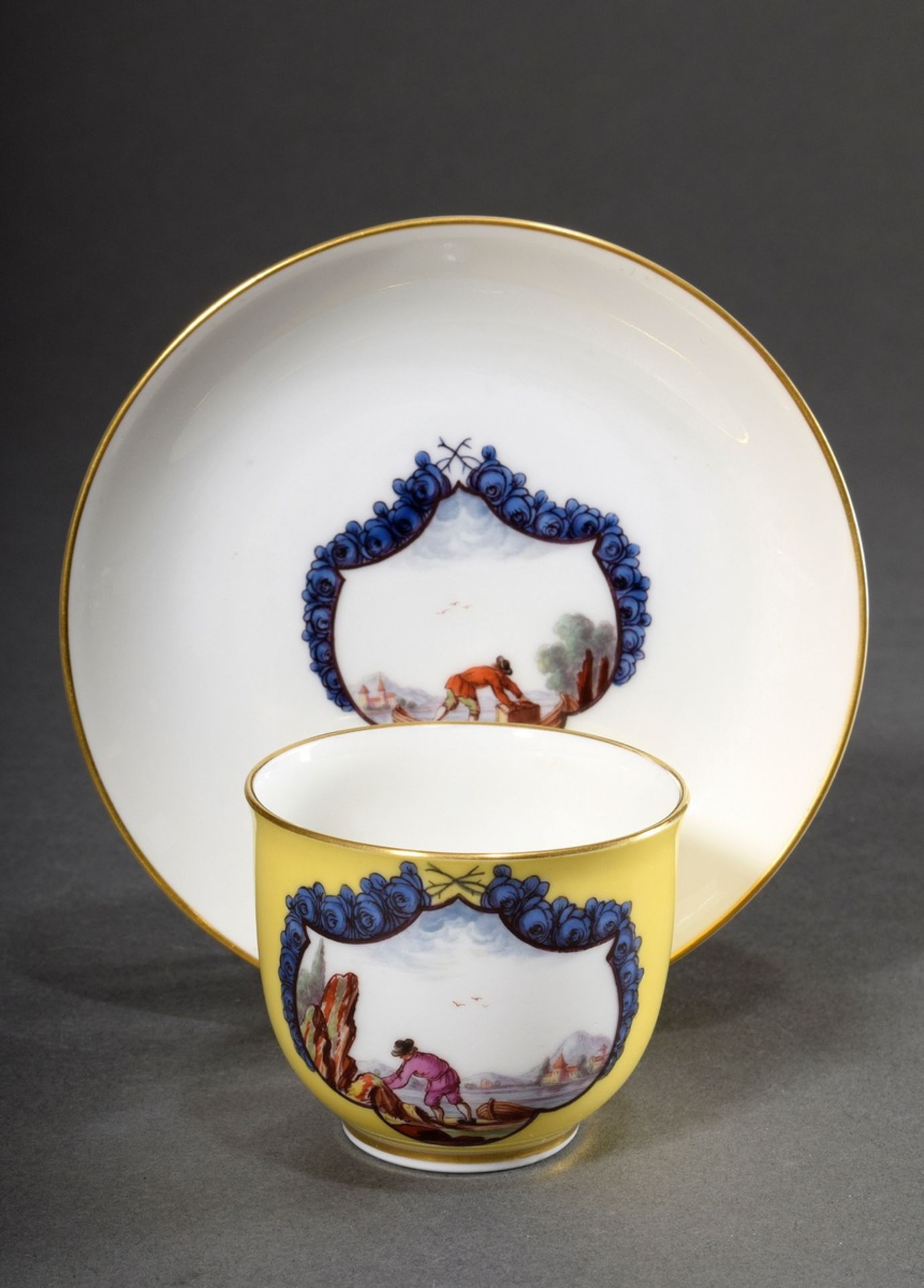 Nymphenburg mocca cups with fine painting "Kauffahrteiszene" in "rose" cartouche on yellow backgrou