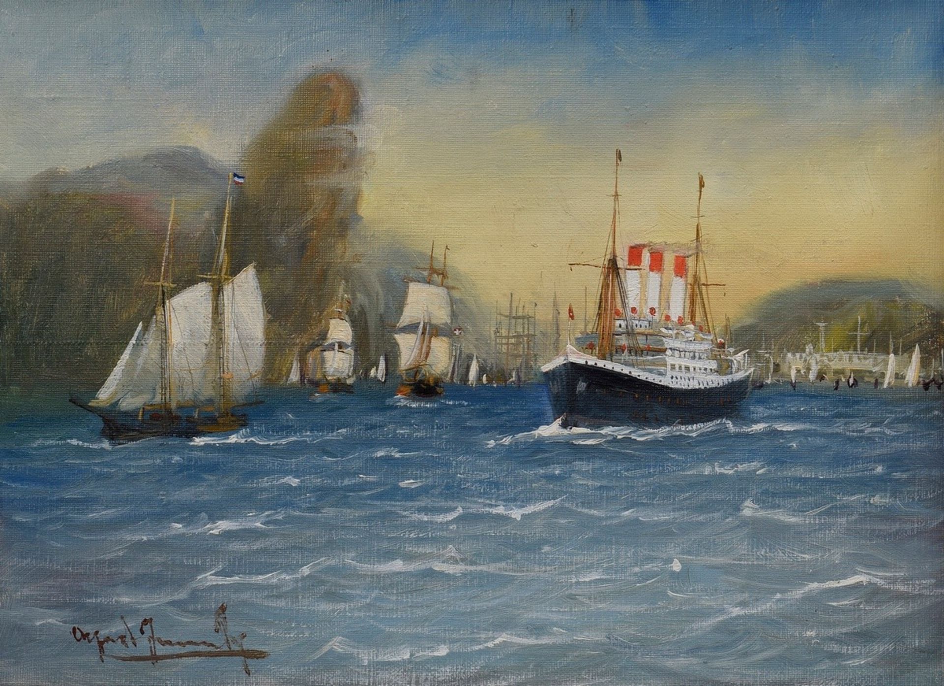 Jensen, Alfred (1859-1935) "Schiffsverkehr vor Hongkong", Öl/Leinwand, u.l. sign., 30,4x40,5cm (m.R