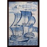 Delft blue painting tile picture "Delonge Anna Dreimaster" from 24 tiles in wood framing, 24 pieces