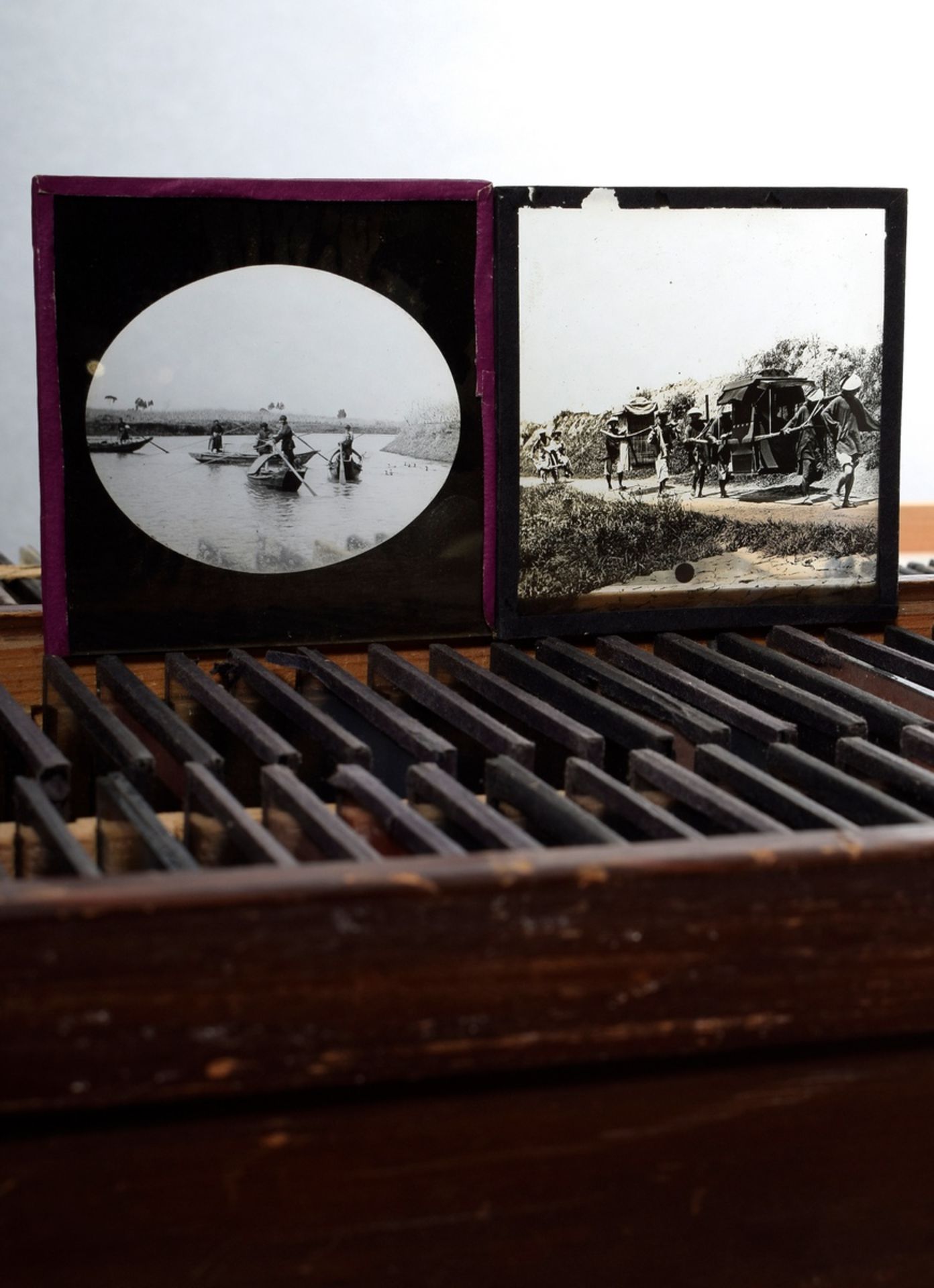 5 Various wooden boxes with approx. 274 glass slides, historical photographs of China and Europe fr