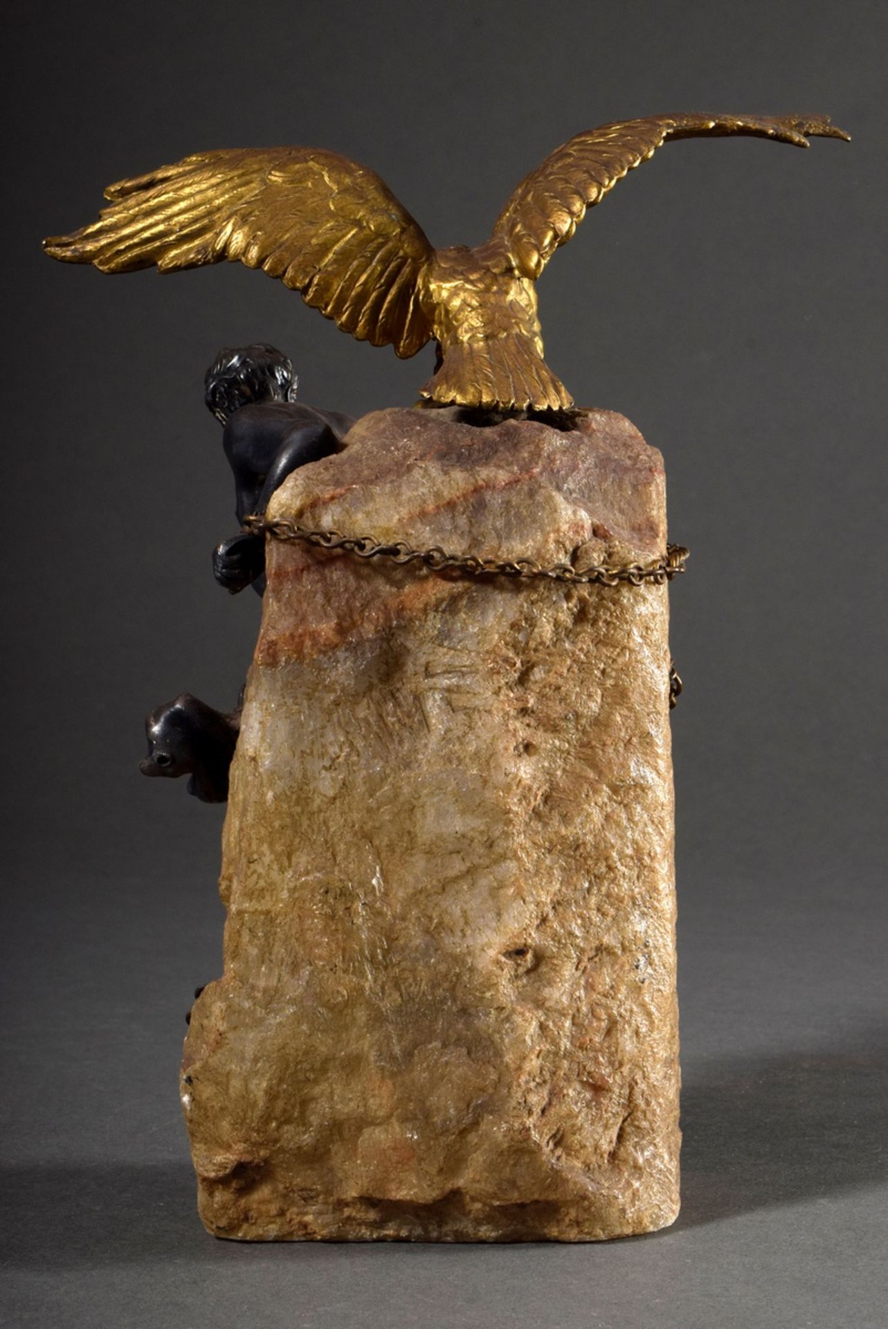 Historism sculpture "Bound Prometheus", galvanised metal on quartz, end of 19th c., h. 24cm, slight - Image 4 of 6