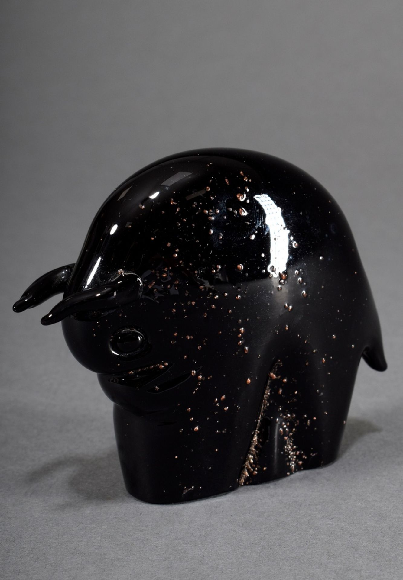Murano glass "bull" with gold crumb melting, black glass, freely formed, pulled with tongs, probabl