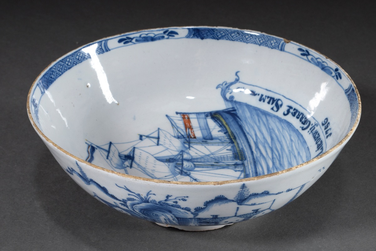Delft faience bowl with blue painting "Dutch three-master sailor" and inscription "De Catarijna & L - Image 3 of 6