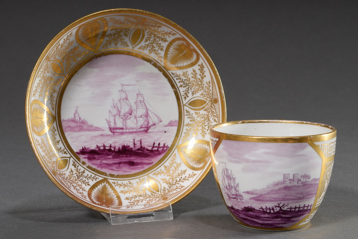 English porcelain cup/saucer with purple camaieu painting "Sailing ship off the coast" and rich orn