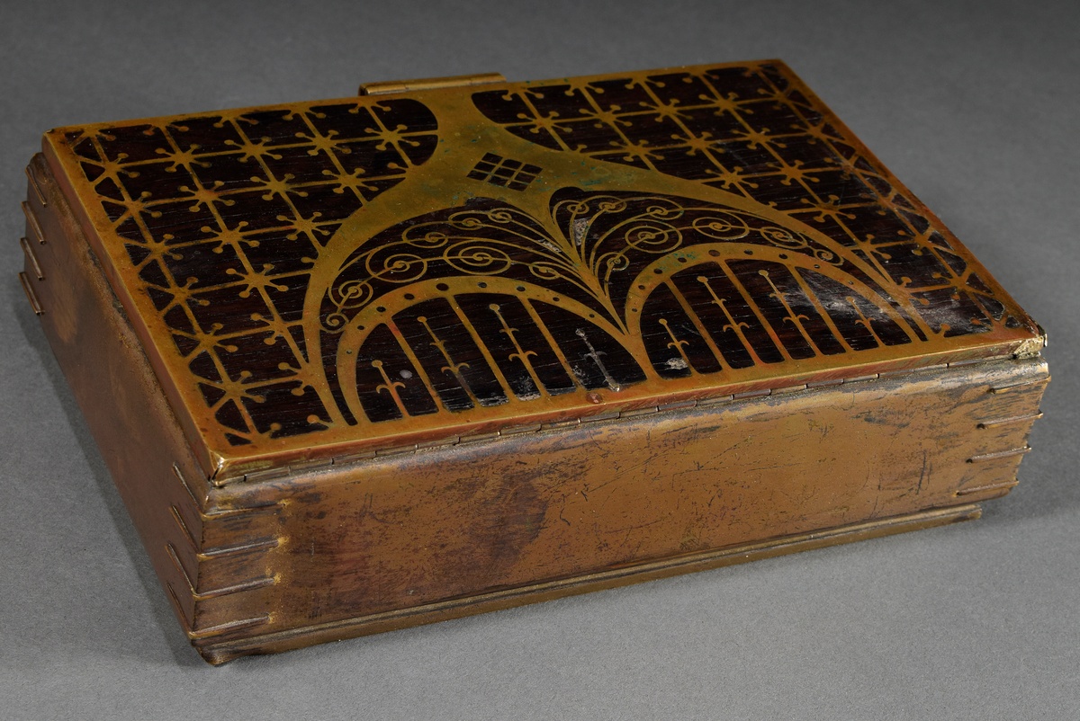 Art Nouveau box with ornamental brass decoration over precious wood, inside grey plush, Erhard & Sö - Image 2 of 6