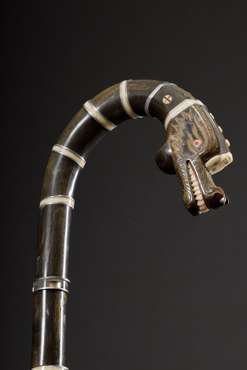 Southeast Asian walking stick with carved "dragon head", horn with bone and aluminium discs, 20th c