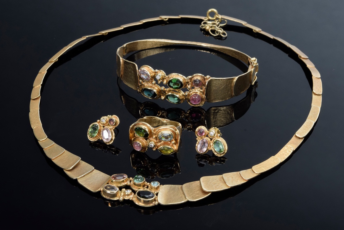 5 pieces YG 585 handmade jewellery in scale link design with tourmalines, cabochon and facet cut ku - Image 2 of 8