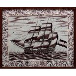 Delft magenta painting tile picture "Whaler" of 12 tiles with floral border of 16 tiles in wooden f