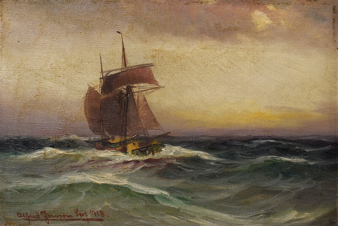 Jensen, Alfred (1859-1935) " North Sea Boat in the Evening Light" 1918, oil/canvas, b.l. sign., ver