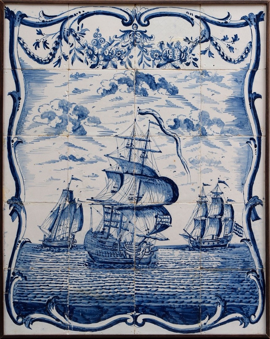 Delft blue painting tile picture "East Indies drivers, merchant drivers and Galiote" from 20 tiles 