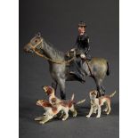 Wiener Bronze "Jagdreiterin zu Pferd mit drei Foxhounds", farbig bemalt, H. 7cm, etw. bestoßen und