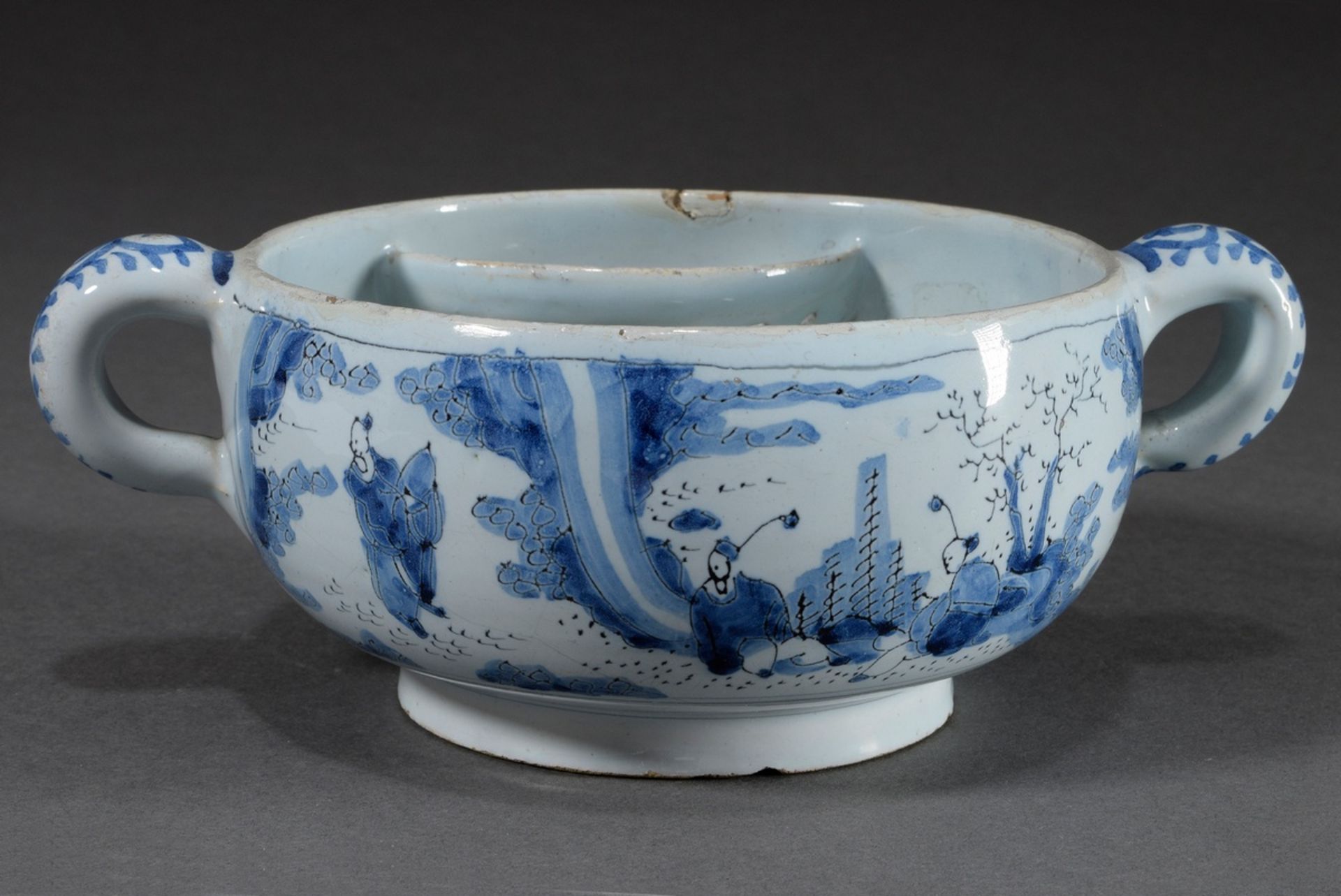 Faience shaving bowl with strainer insert for brush/soap and side handles, fine blue painting decor