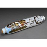 Milchglas "Rolling Pin" mit polychromer Malerei "Segelschiff" und schwerleserlichem Sinnspruch sowi