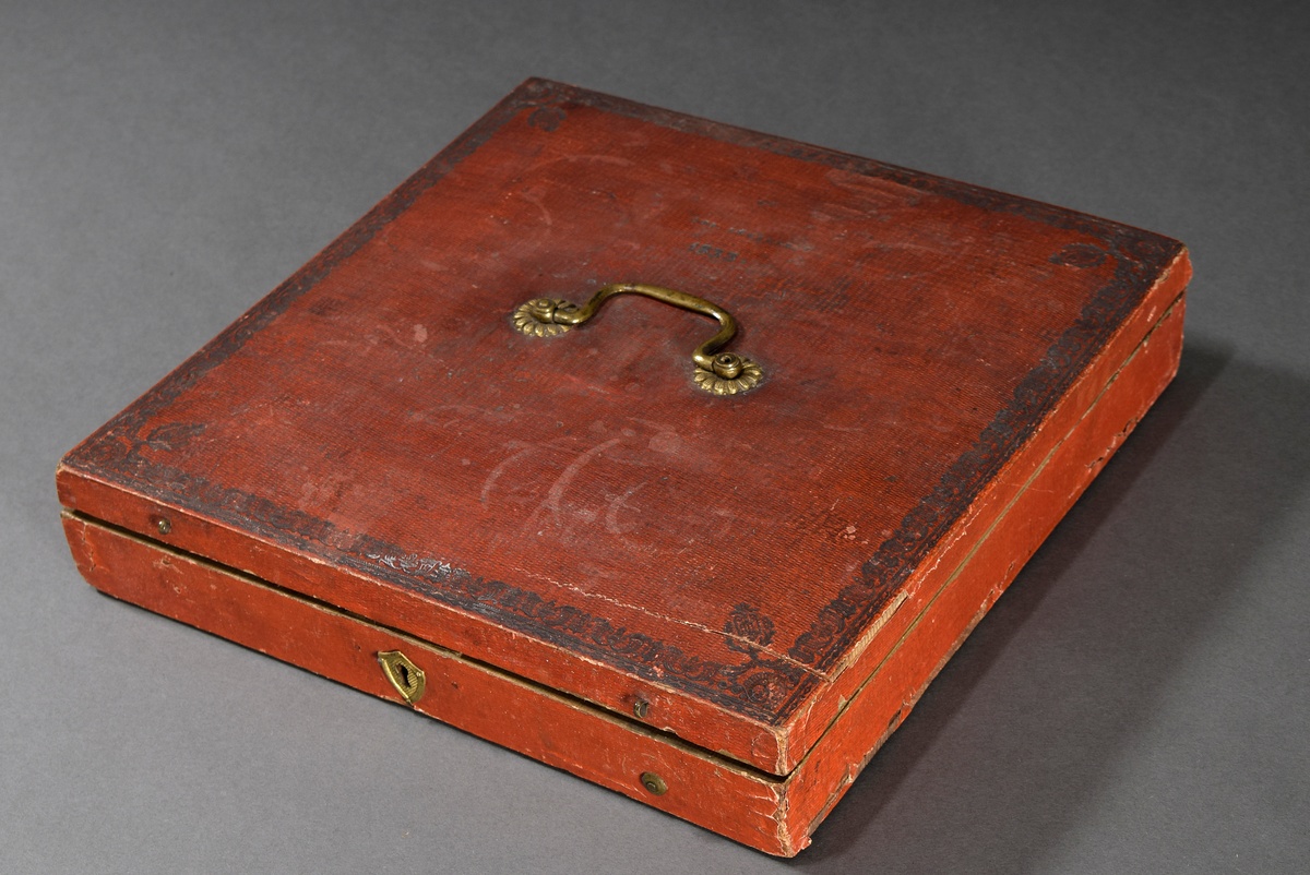 Square Biedermeier cutlery box with punched decoration "Garlands" on red paper over wooden body and