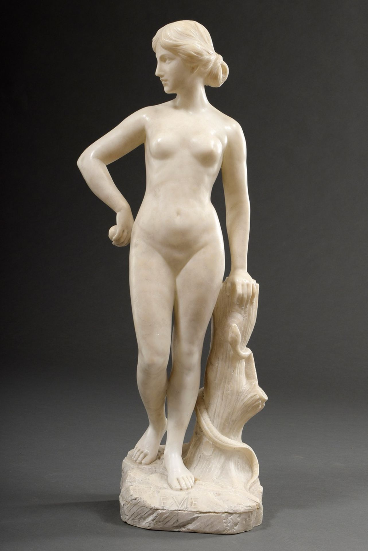 Unknown artist c. 1900/1910 "Eve with apple and snake", front inscribed: "Eve", marble, h. 71cm