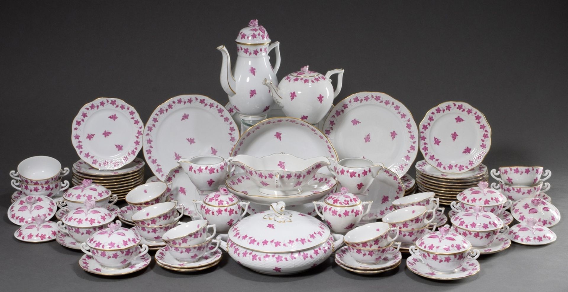 65 pieces Herend coffee and dinner service "Guirland de Raisins" with purple painting and gold rim, - Image 2 of 7