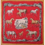 Hermès Seiden Carré "Les Poulains" auf rotem Grund, Entw.: 1960 Xavier de Poret, 85x85cm, leichte T