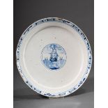 Small Delft faience plate with blue painting decor "Sailing ship on the high seas", beige body, 18t