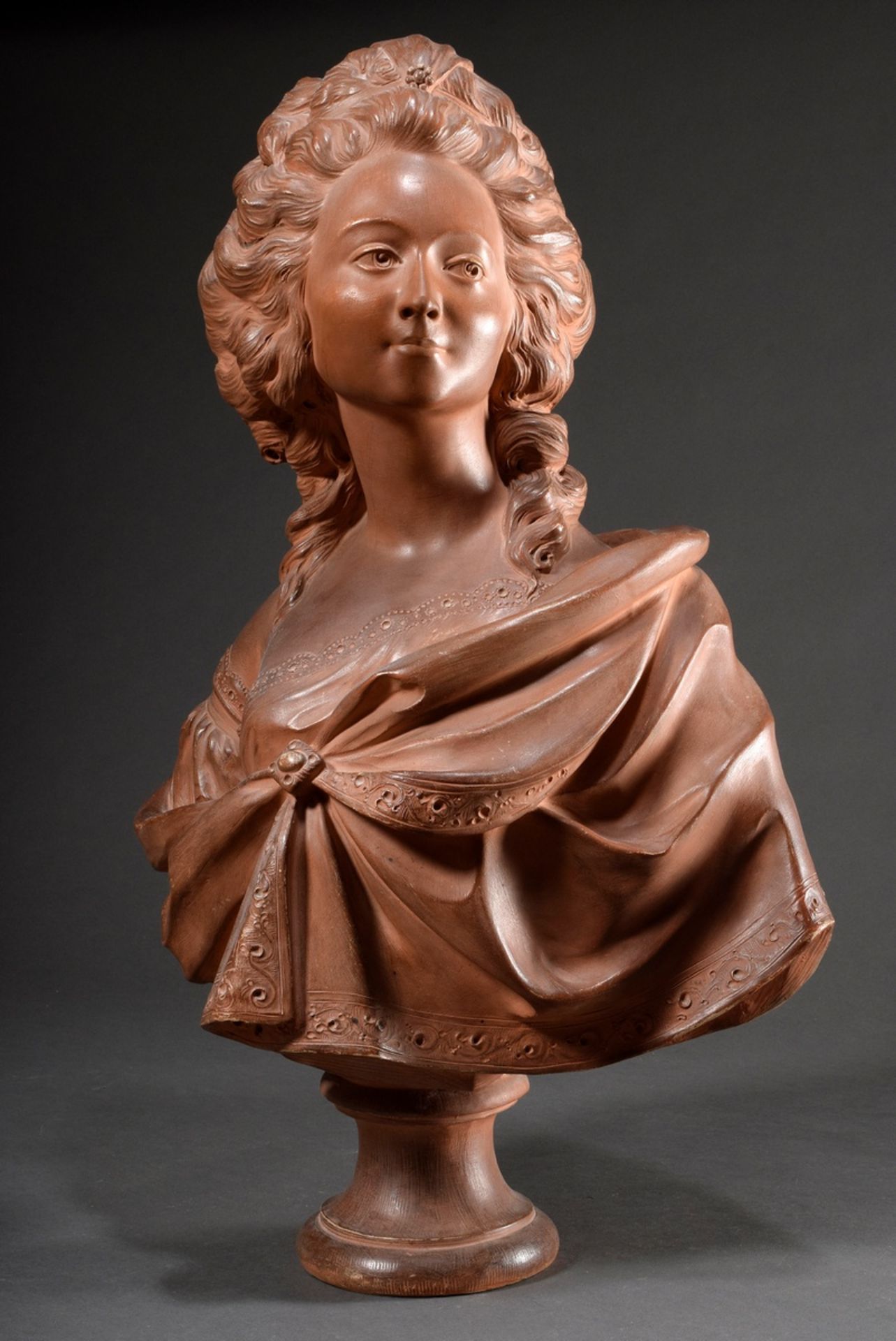 Life-size bust "Madame du Barry" (?) after Augustin Pajou (1730-1809), terracotta, inscribed on the