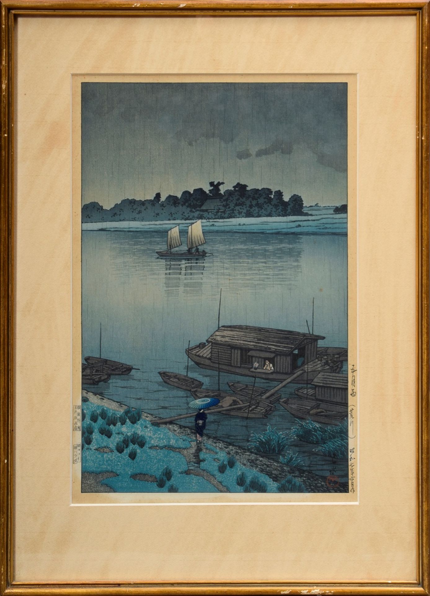 2 Various woodblock prints: Hasui, Kawase (1883-1957) "Rain in May at Arakawa" 1932, 36x24cm (w.f. - Image 8 of 9