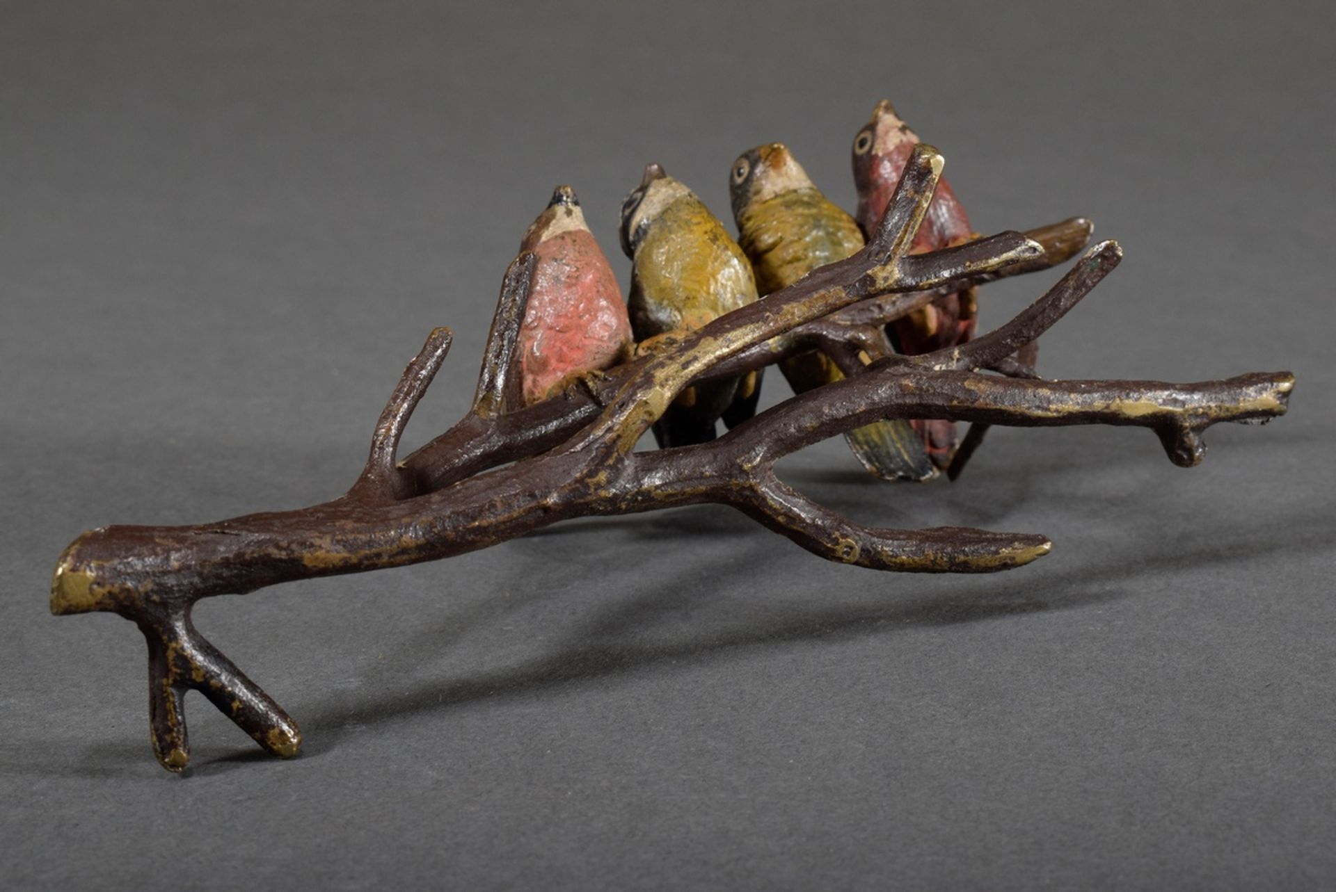 Viennese bronze "Four birds on branch", colourfully painted, h. 8cm, slightly bumped and bent - Image 2 of 5