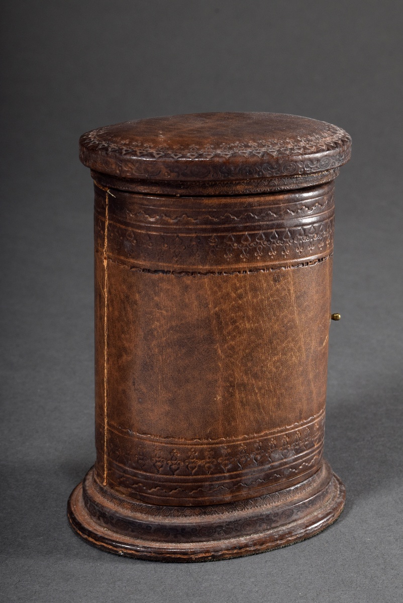 Small decorated leather case for a chess piece or similar, inside lined with velvet, 19th century, 