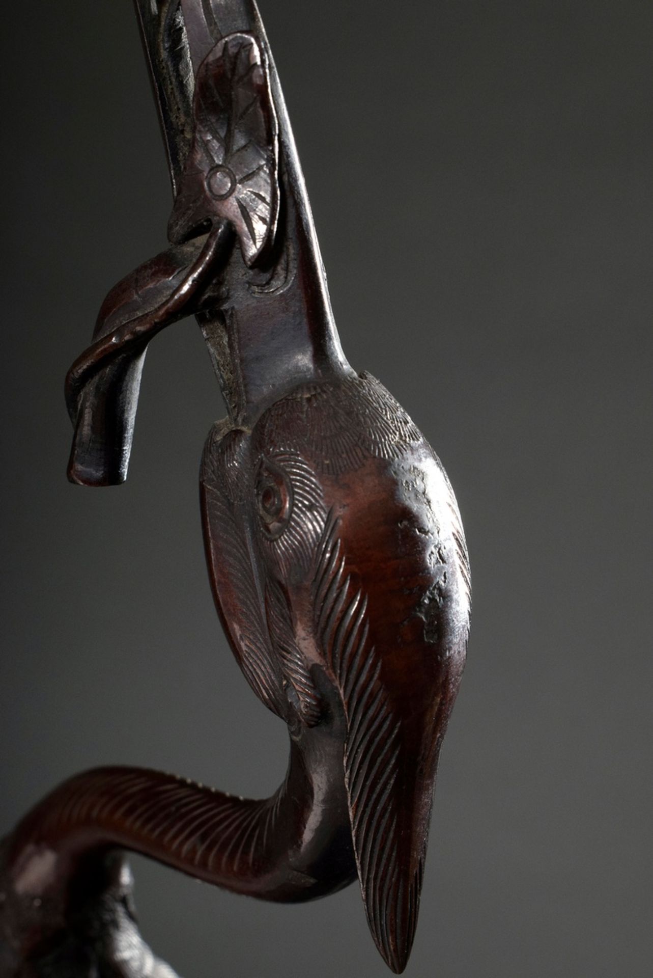 Japanese bronze "Standing Heron" on a matching carved Blackwood stool, Meiji period, h. 147cm, vari - Image 2 of 23