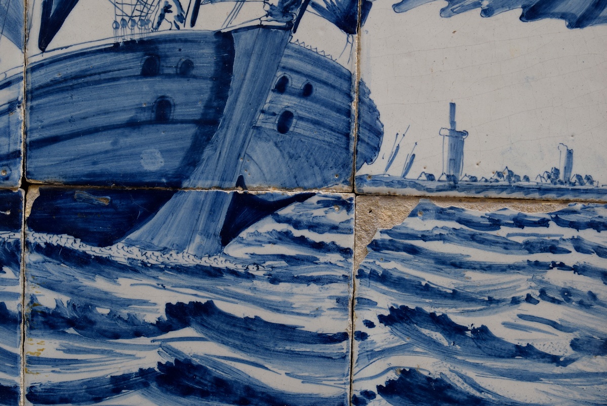 Delft blue painting tile picture "Whaler" from 24 tiles in wood framing, 79,5x53cm, small defects - Image 2 of 5
