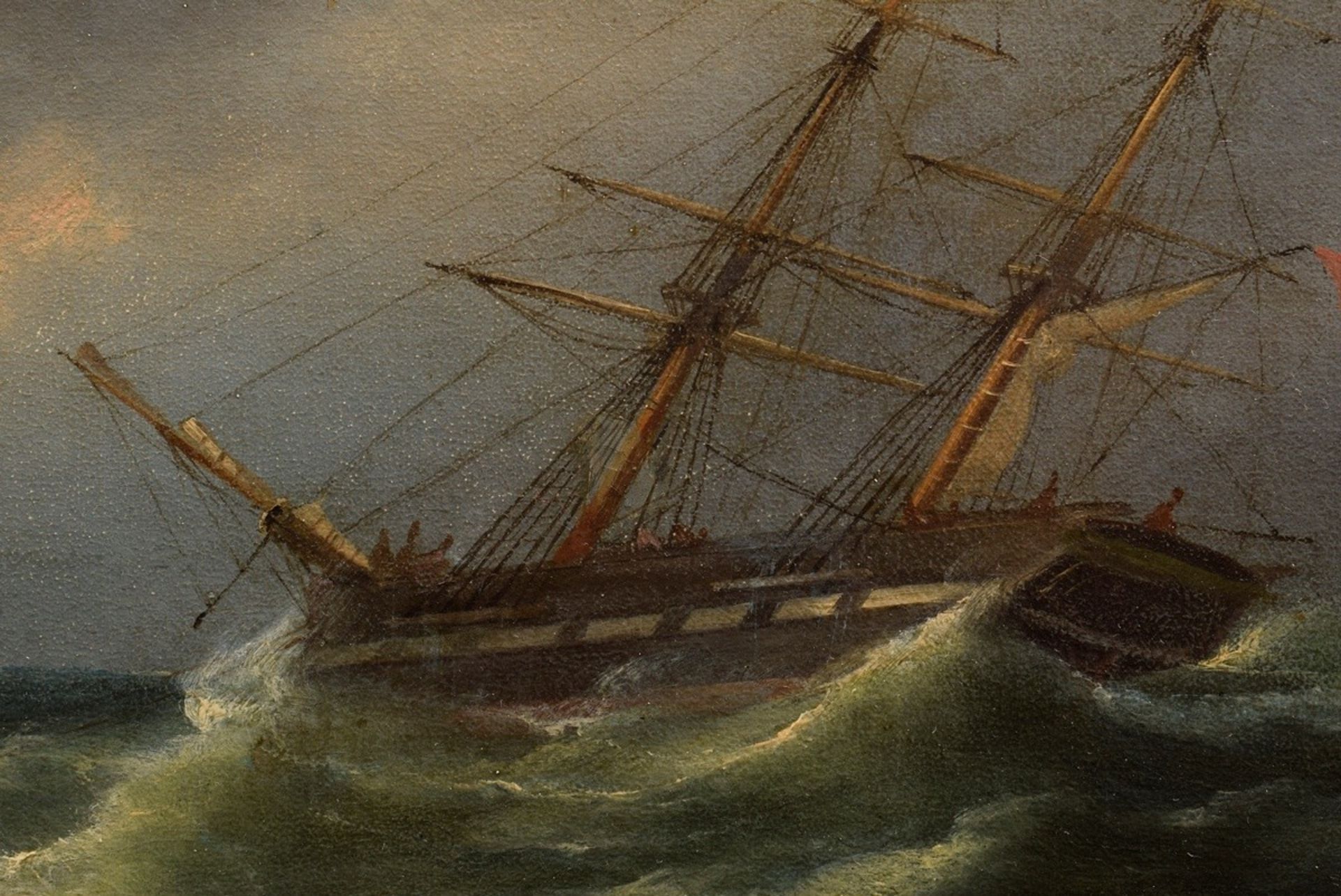 Marinemaler des 19.Jh. (Plagemann?) "Schiffe in rauer See vor Felsenküste" 1848, Öl/Leinwand auf Ho - Bild 4 aus 6