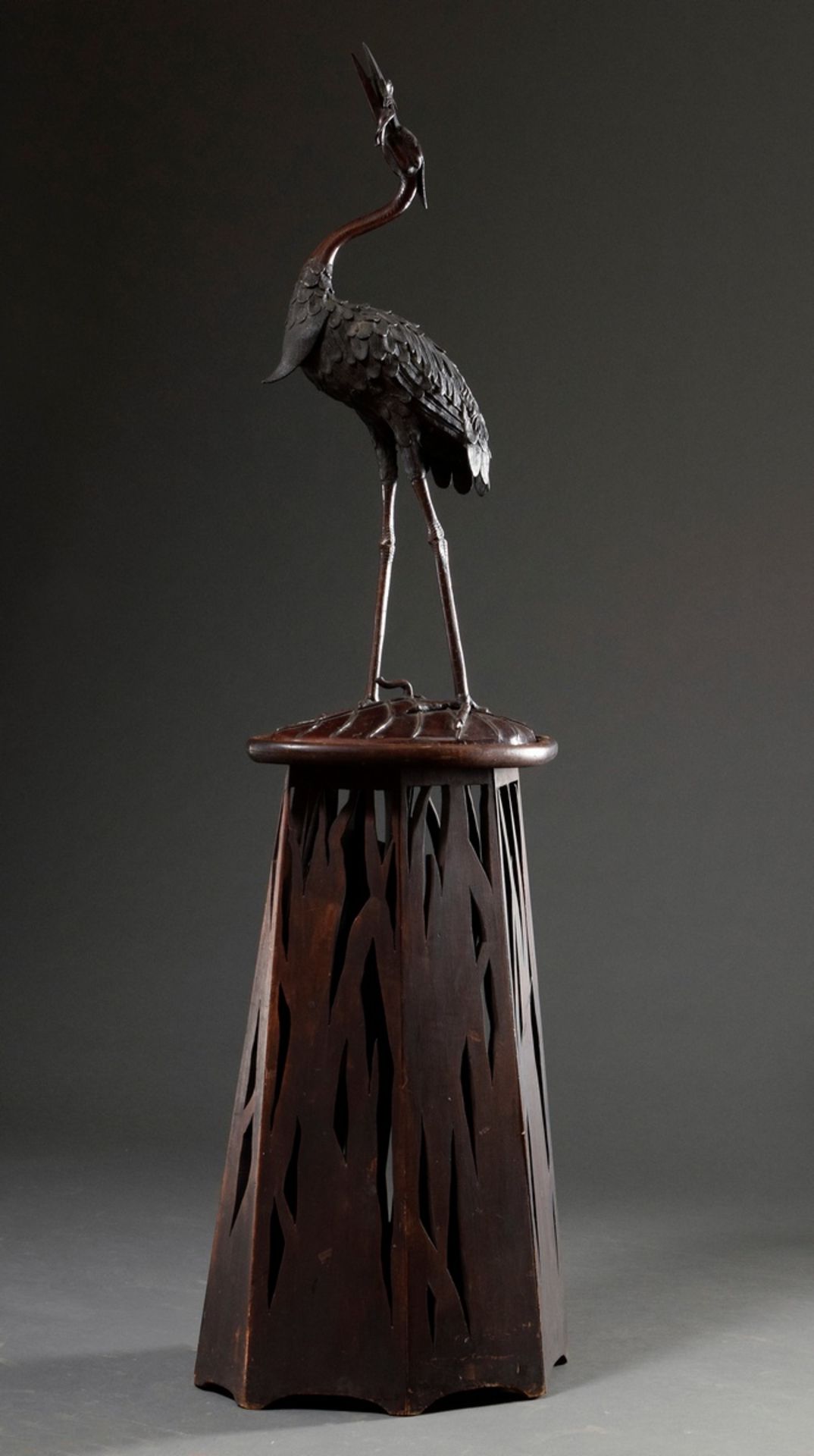 Japanese bronze "Standing Heron" on a matching carved Blackwood stool, Meiji period, h. 147cm, vari - Image 17 of 23