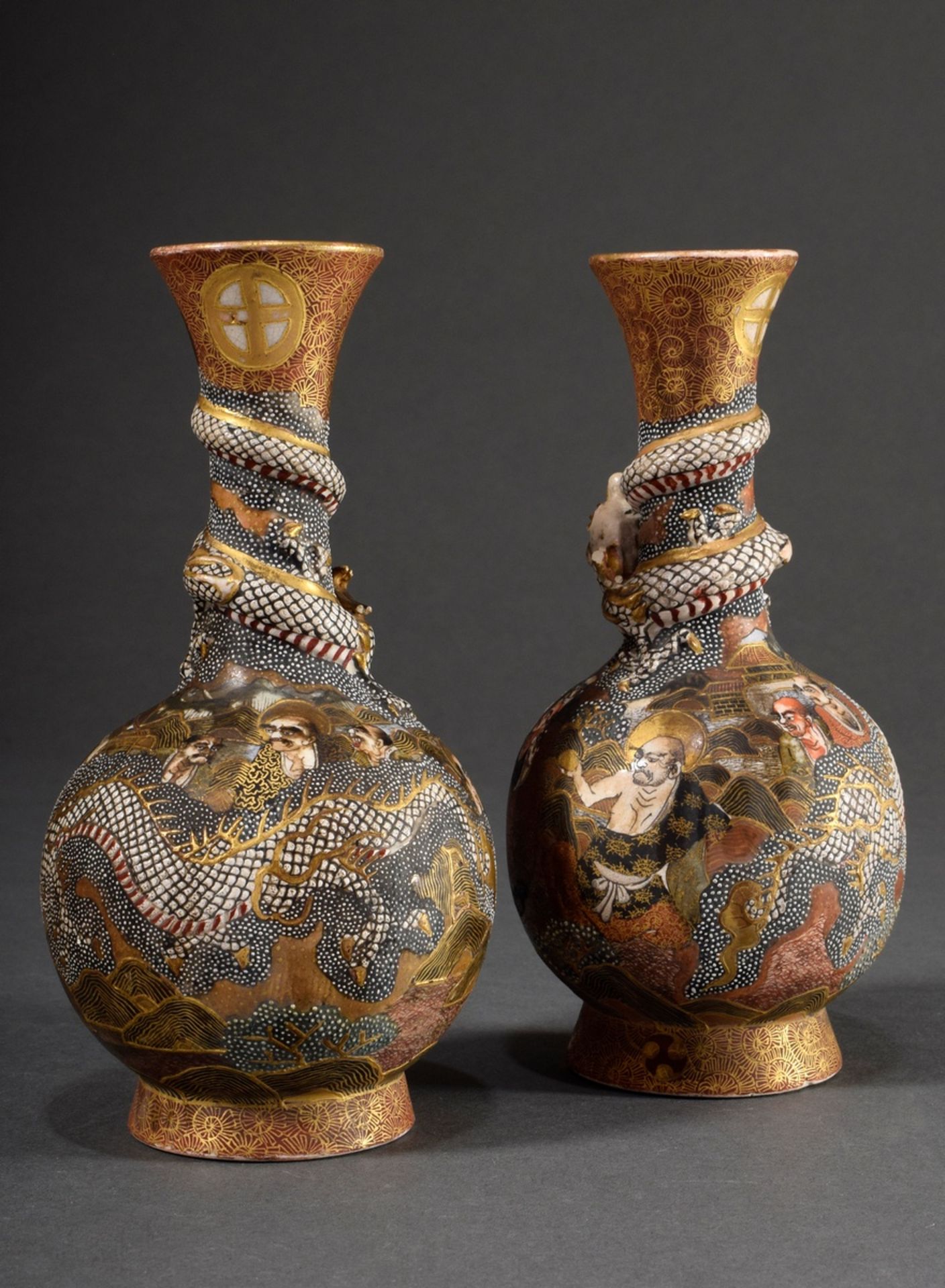 2 Various Japanese Satsuma ceramic vases with rich figural decoration "Rakan and dragon" and plasti - Image 2 of 11