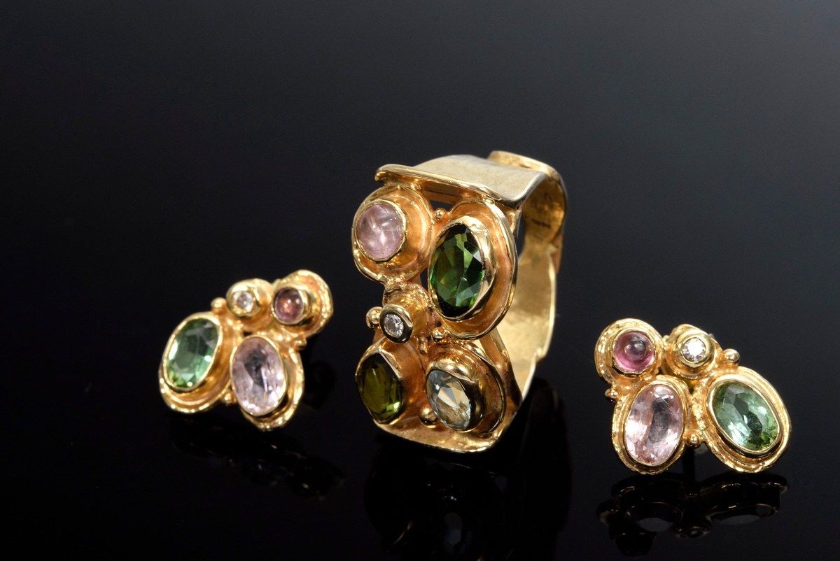 5 pieces YG 585 handmade jewellery in scale link design with tourmalines, cabochon and facet cut ku - Image 7 of 8