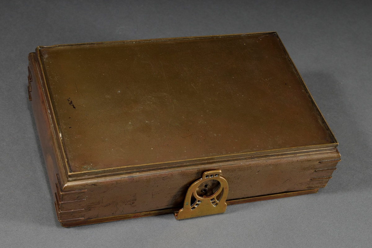 Art Nouveau box with ornamental brass decoration over precious wood, inside grey plush, Erhard & Sö - Image 3 of 6