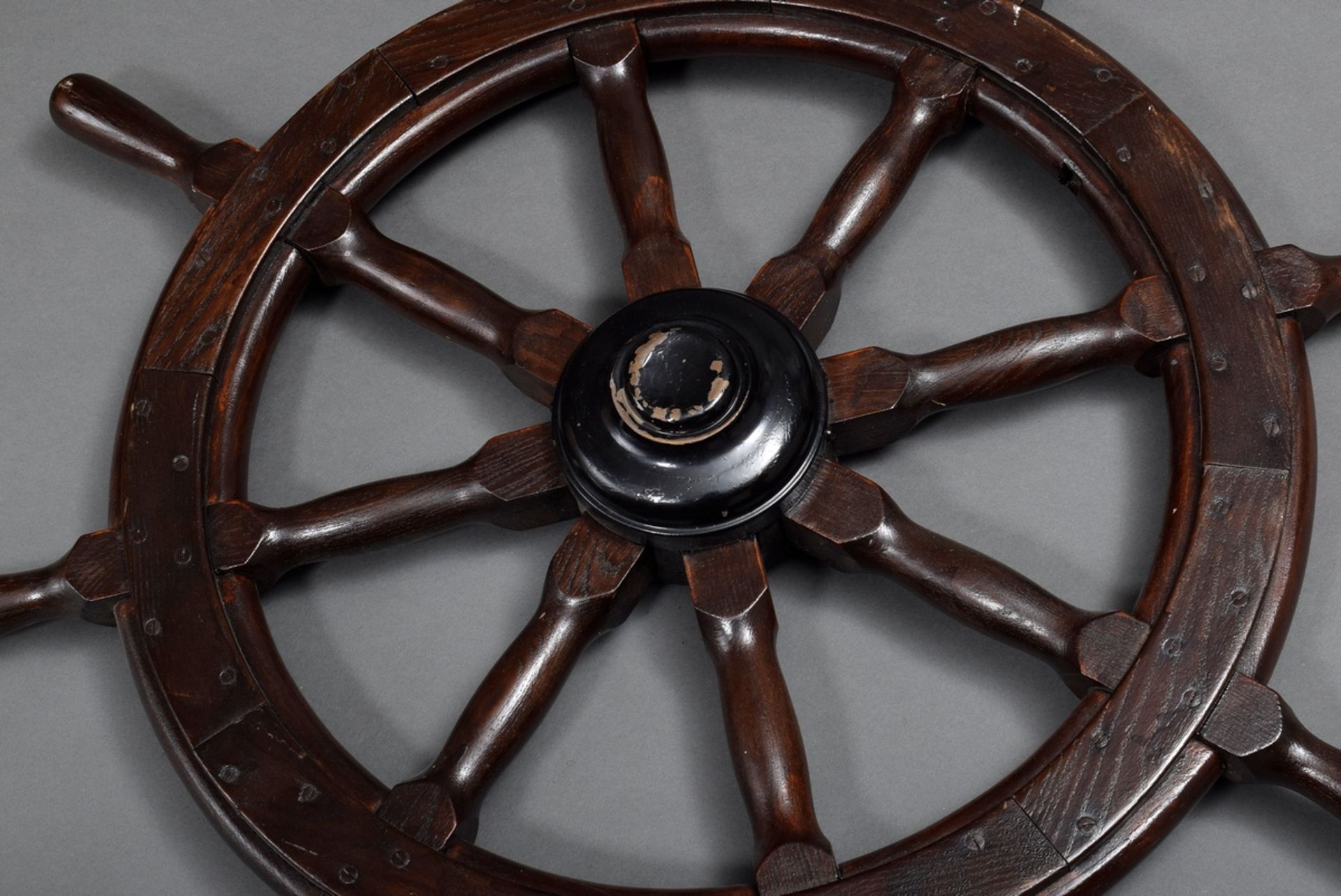 Ship's steering wheel with 8 turned baluster spokes, mahogany with brass ring fitting, iron hub, un - Image 3 of 3