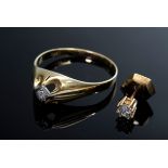 2 Diverse Teile GG 585 Schmuck: Ring mit kleinem Achtkantdiamant (ca. 0.04ct/SI/W/Gr. 61) und Brill