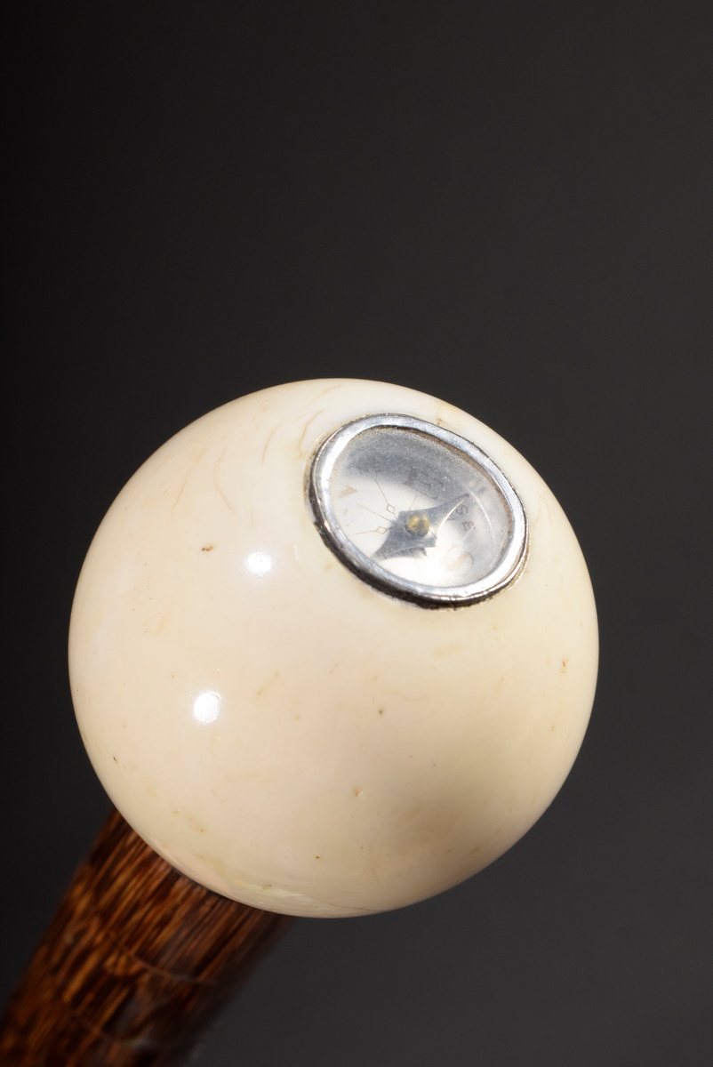 Functional stick with ivory ball knob and integrated compass, Austro-Hungarian silver cuff, bamboo - Image 2 of 7