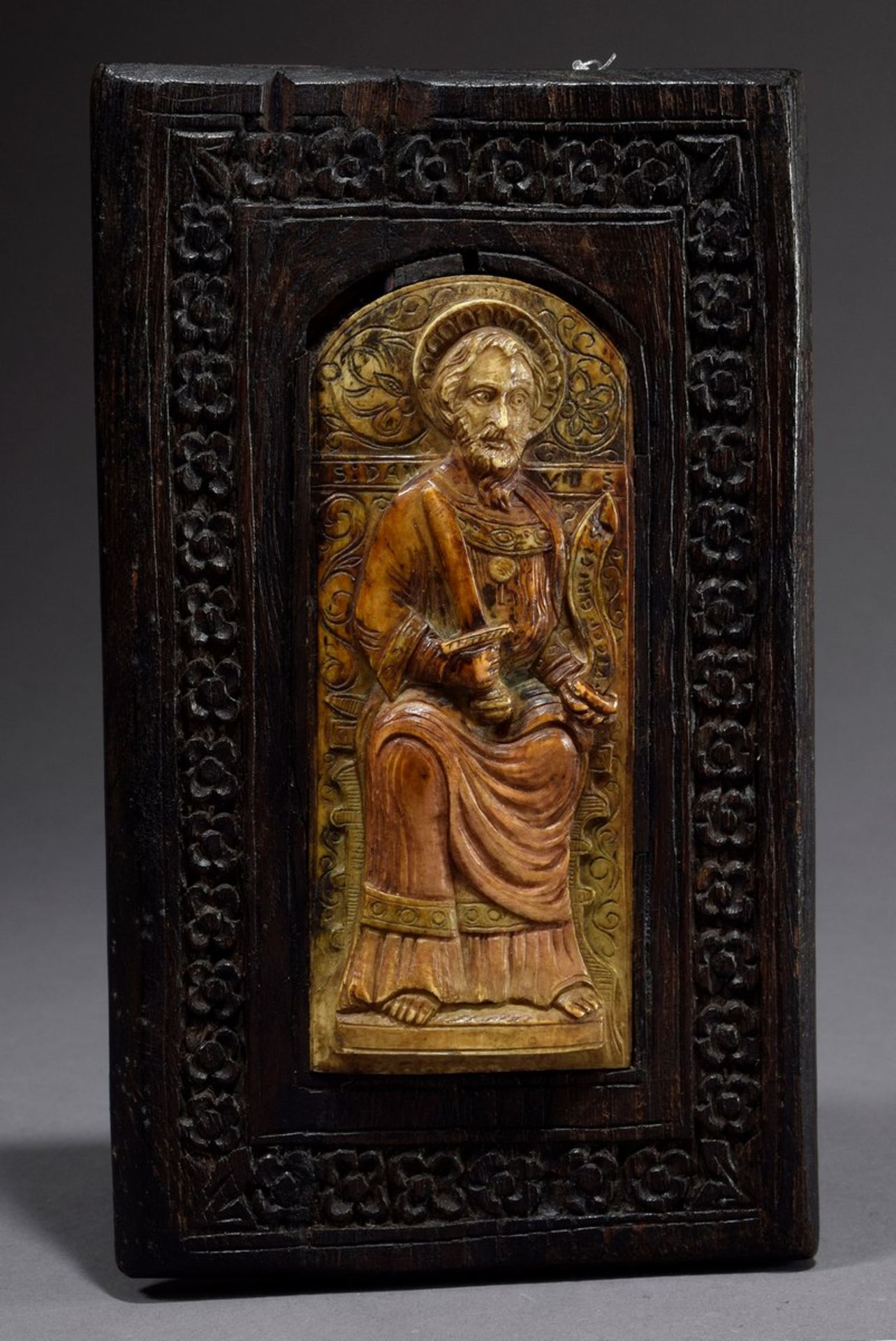 Furniture fragment with coloured bone relief "Saint Paul with sword and scroll", inscription: "S: P