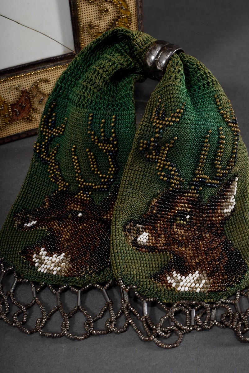 3 Various Biedermeier objects, among others with pearl embroidery: money cat "Stags", frame "Orname - Image 2 of 7