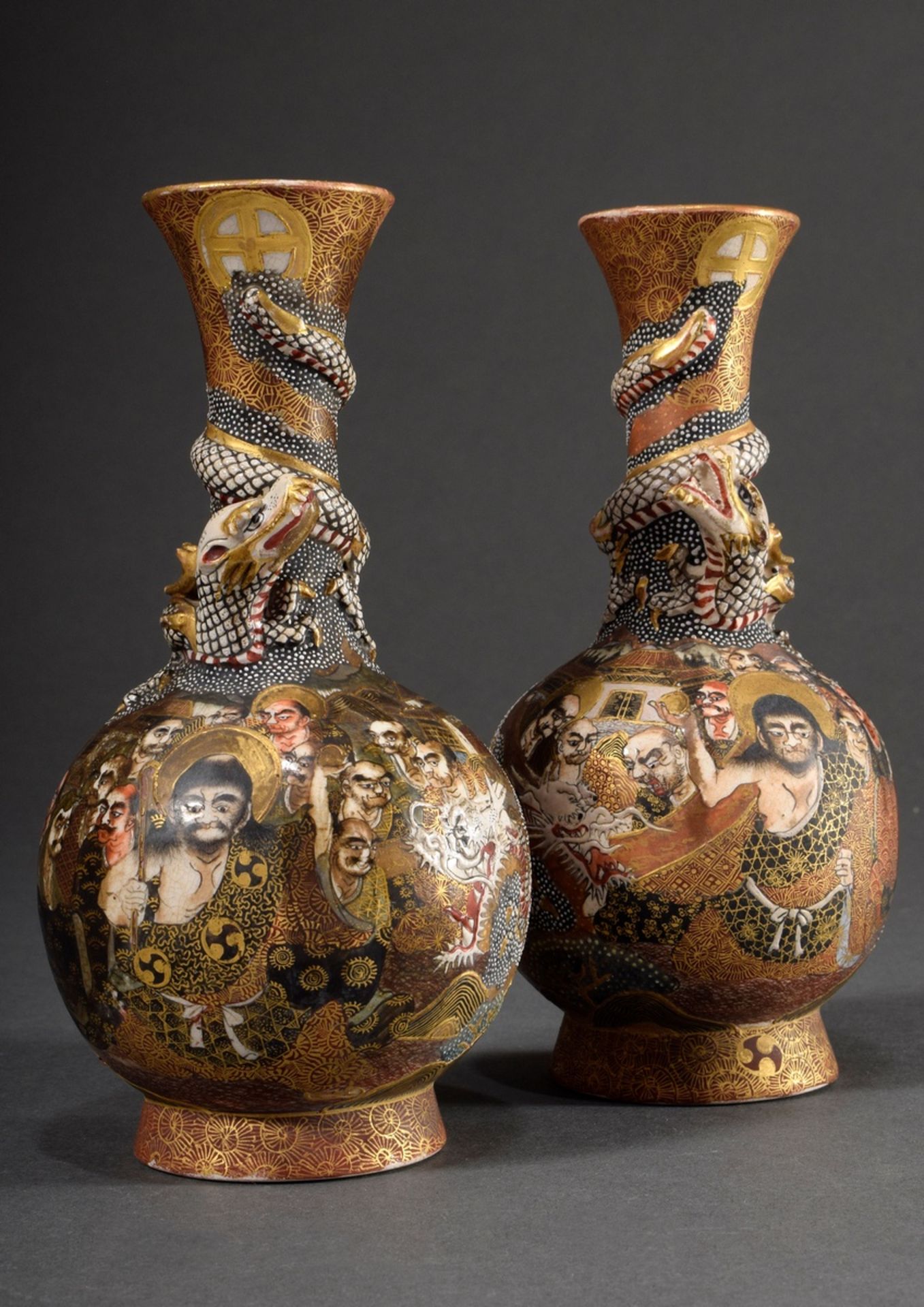 2 Various Japanese Satsuma ceramic vases with rich figural decoration "Rakan and dragon" and plasti