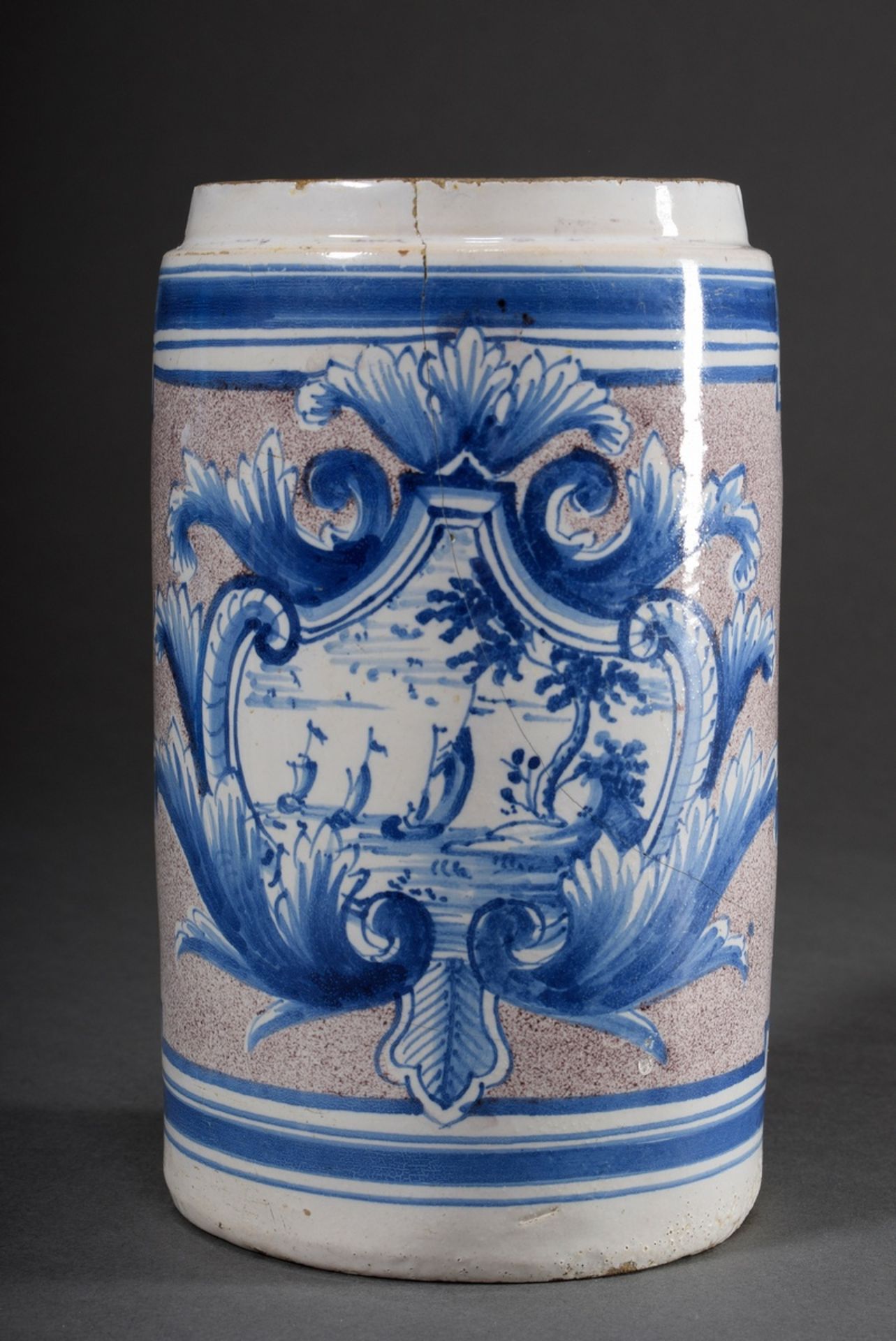 Faience cylindrical jug with blue painting decor "Sailboats in front of the coast" in floral cartou - Image 2 of 8