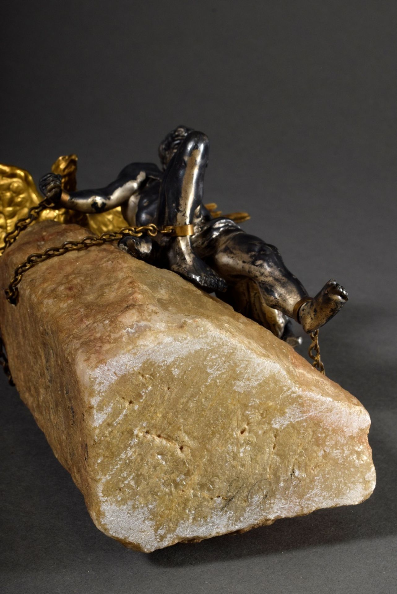 Historism sculpture "Bound Prometheus", galvanised metal on quartz, end of 19th c., h. 24cm, slight - Image 6 of 6