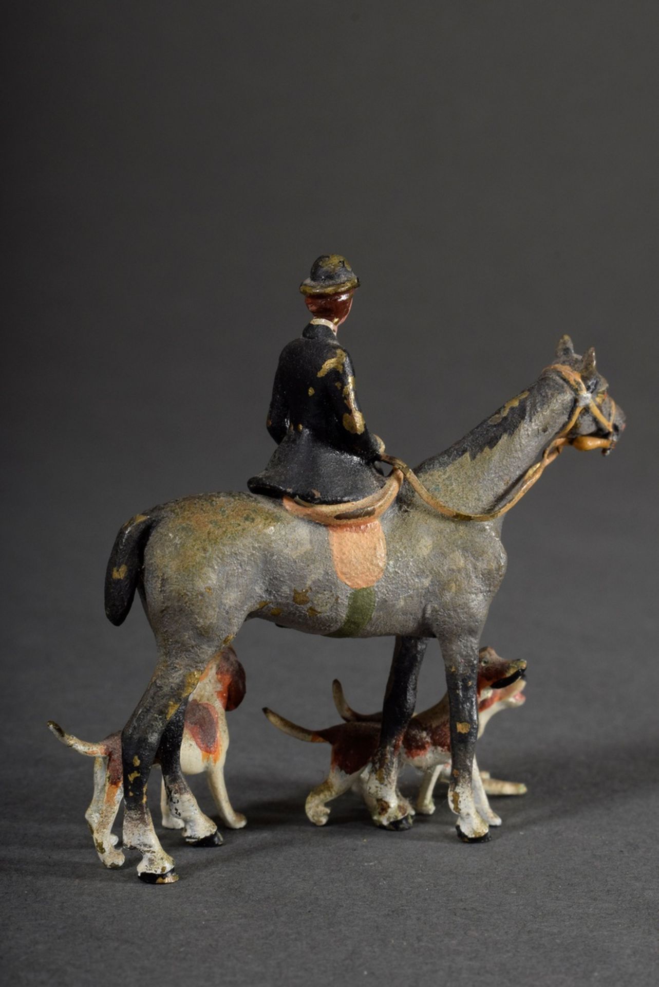 Viennese bronze "Hunt rider on horseback with three foxhounds", colourfully painted, h. 7cm, slight - Image 2 of 4